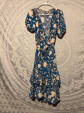 Knox Rose Blue Floral Wrap Midi Dress with Cream Blooms size medium